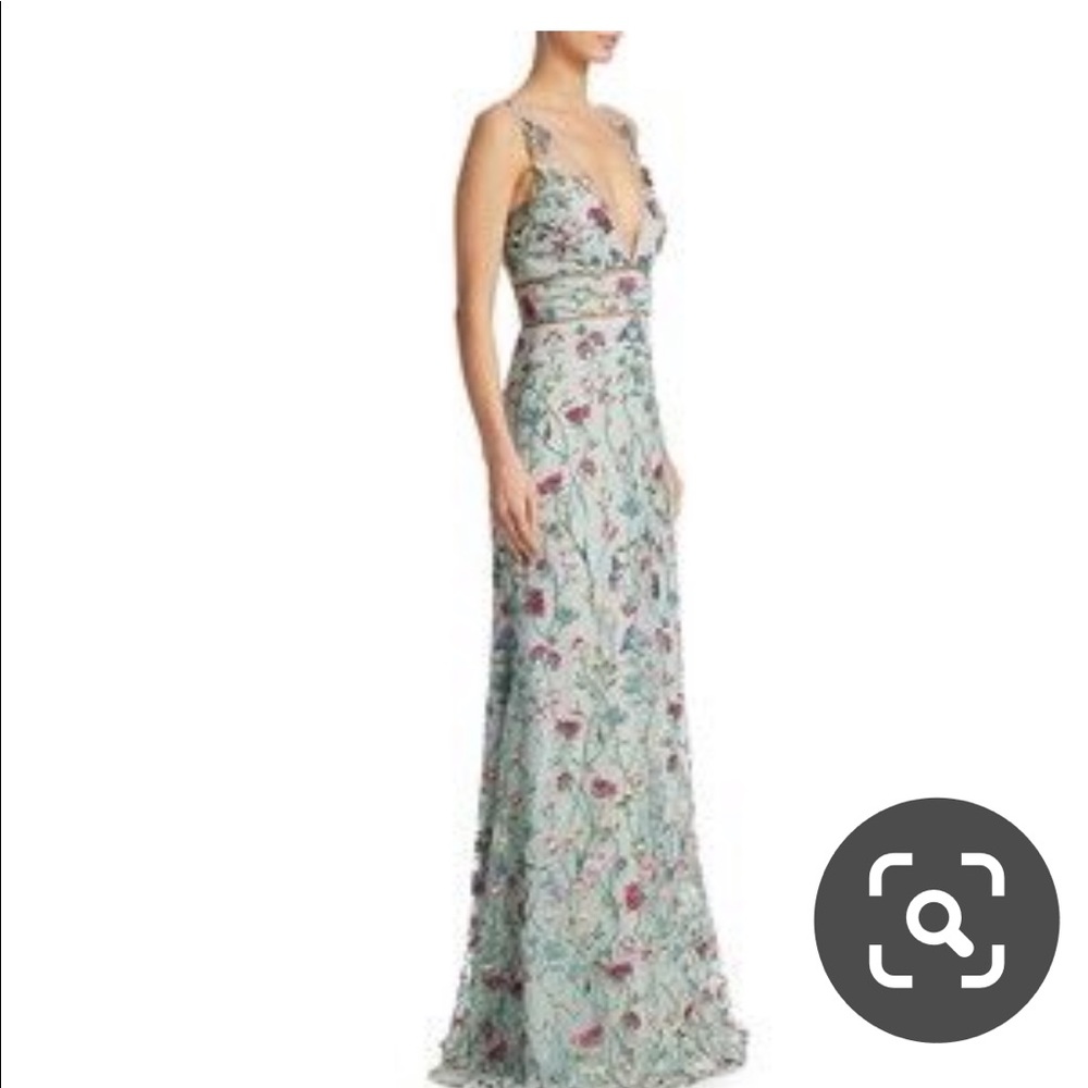 Marchesa Notte Embroidered Floral Metallic Gown